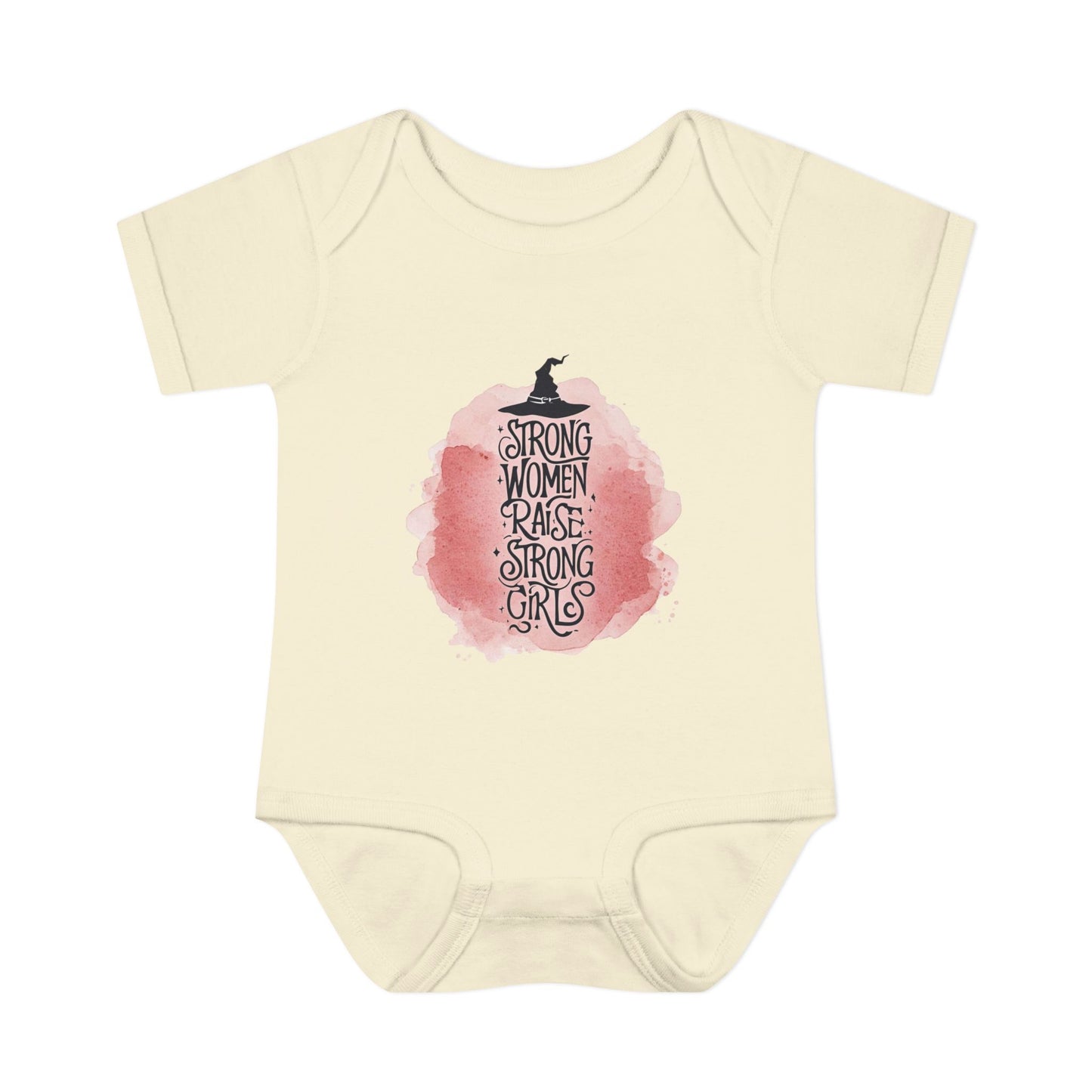 Beige baby onesie with a pink watercolor design and text on a white background