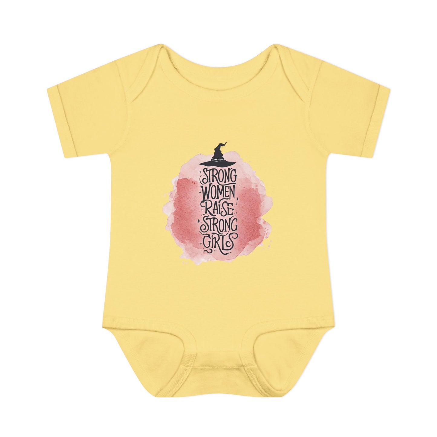 Yellow baby onesie with a graphic design and text on a white background