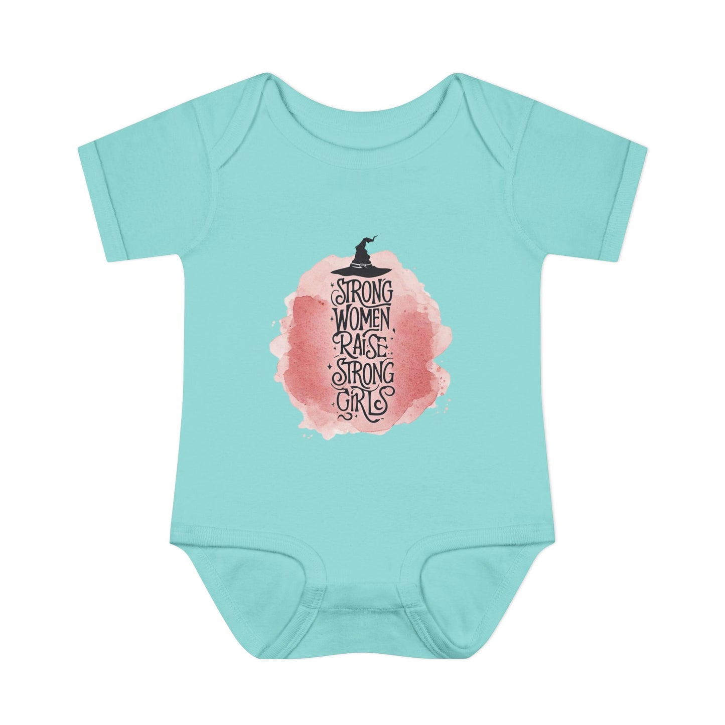 Mint green baby onesie with pink graphic and text on a white background