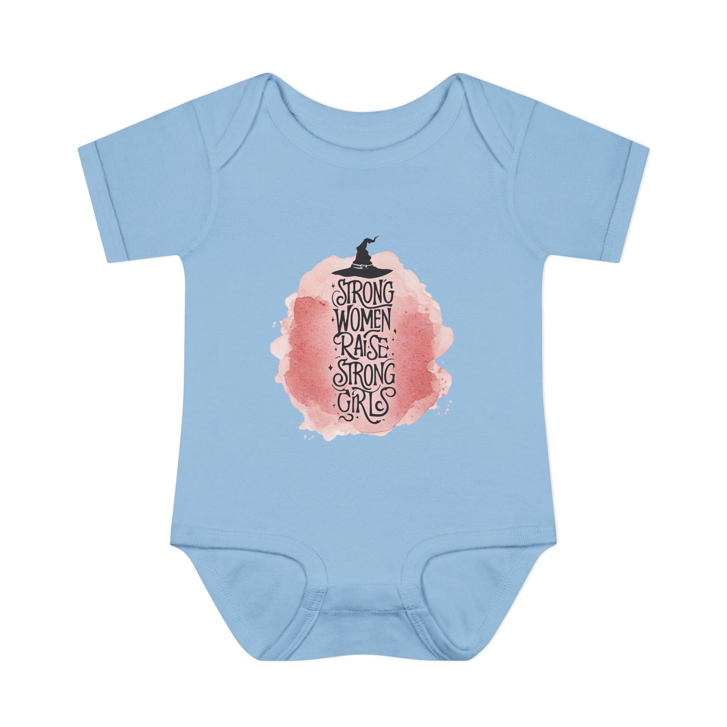 Light blue baby onesie with a graphic design and text on a white background