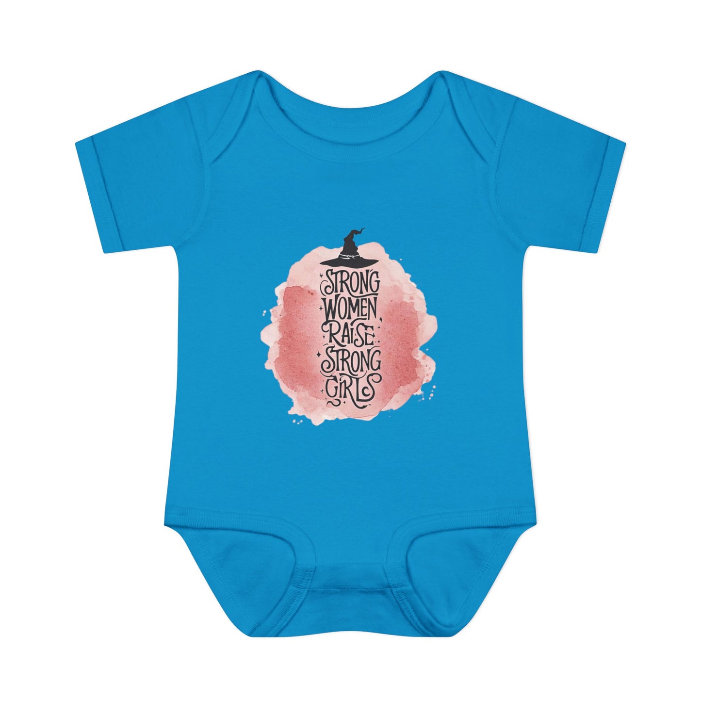 Blue baby onesie with a pink graphic and text on a white background
