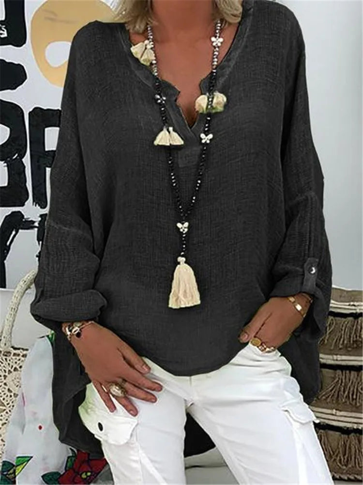 Summer Loose Linen Blouse, Long Sleeve Vintage Boho Shirt