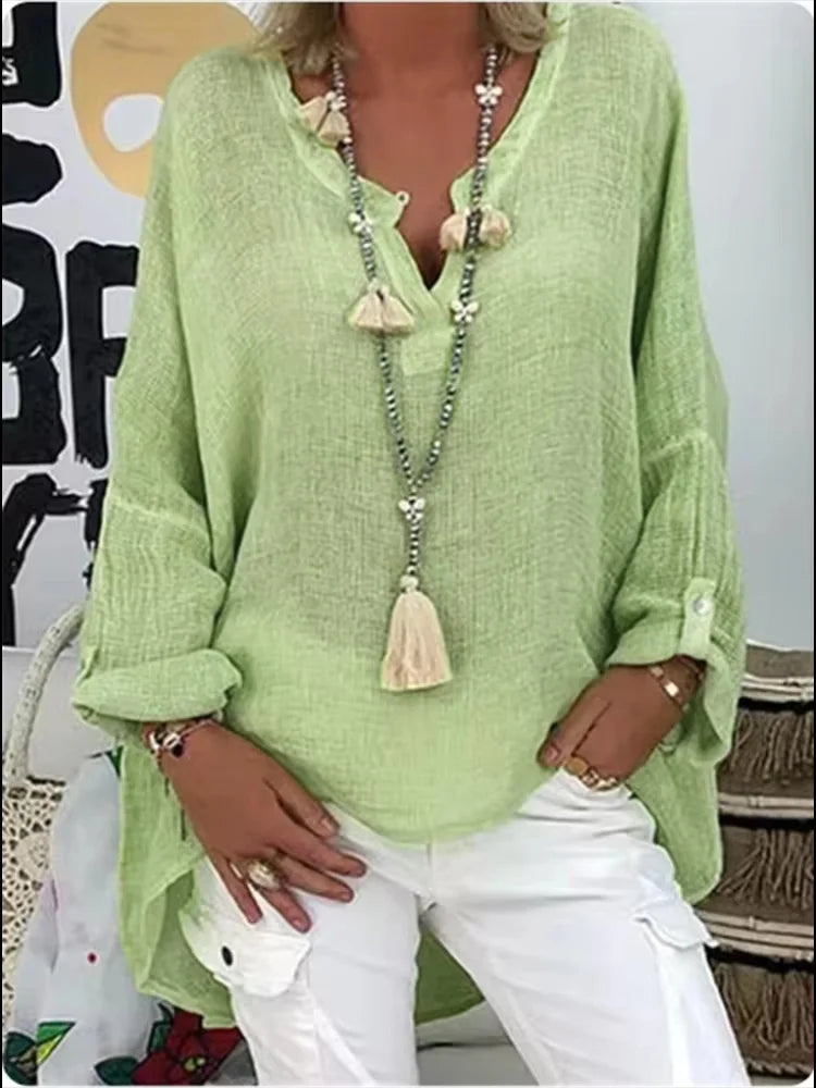 Summer Loose Linen Blouse, Long Sleeve Vintage Boho Shirt
