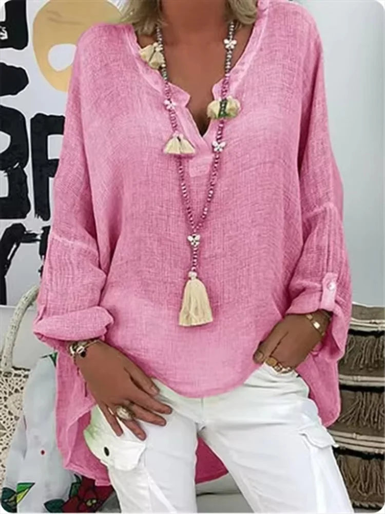 Summer Loose Linen Blouse, Long Sleeve Vintage Boho Shirt