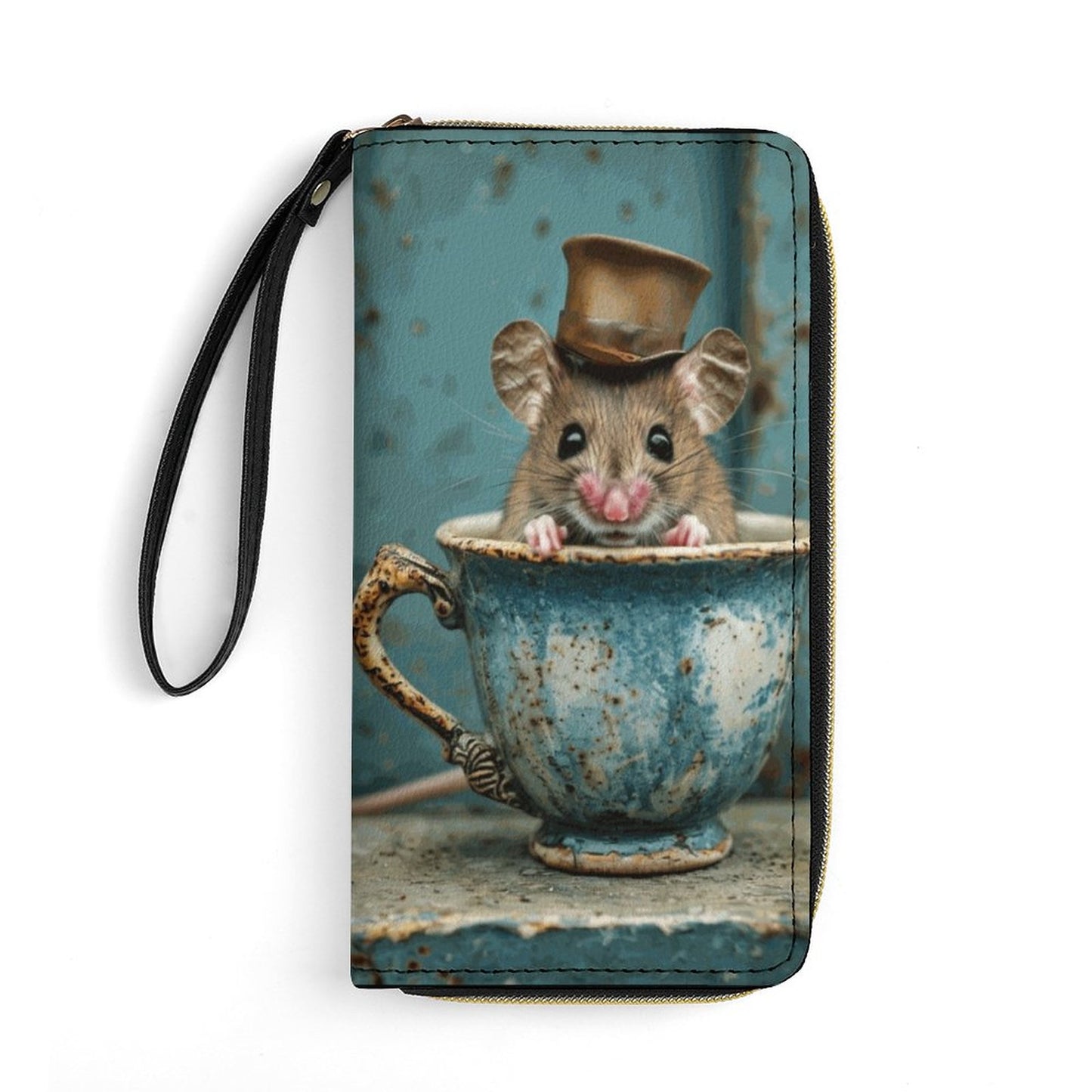 Teacup Mouse Leather Wallet with Wristlet Strap