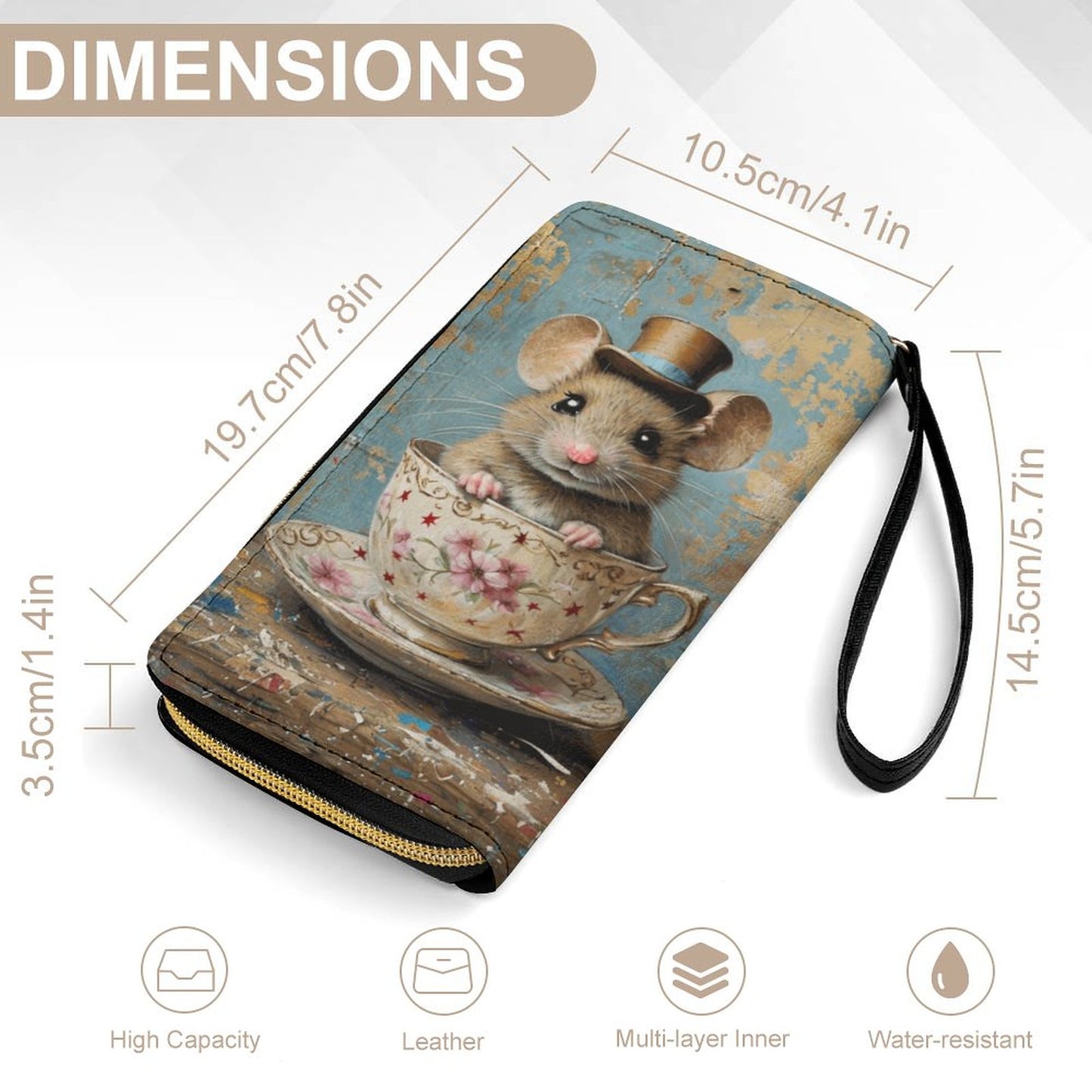 Teacup Mouse Leather Wallet with Wristlet Strap