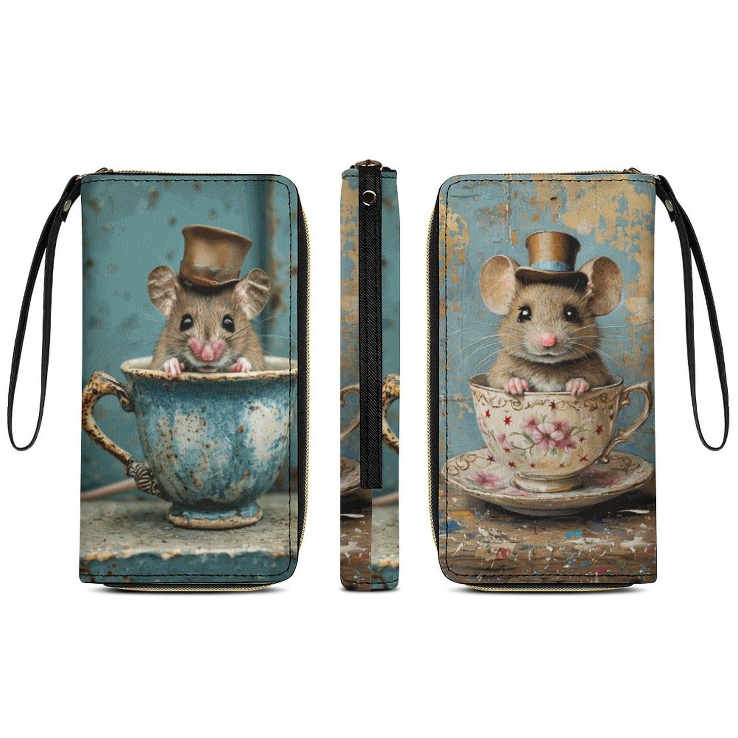 Teacup Mouse Leather Wallet with Wristlet Strap