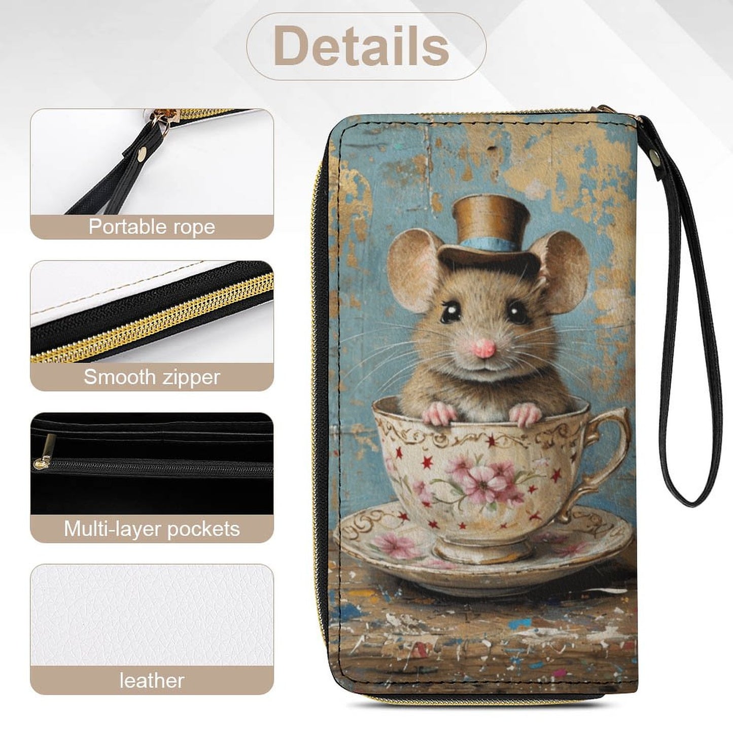 Teacup Mouse Leather Wallet with Wristlet Strap