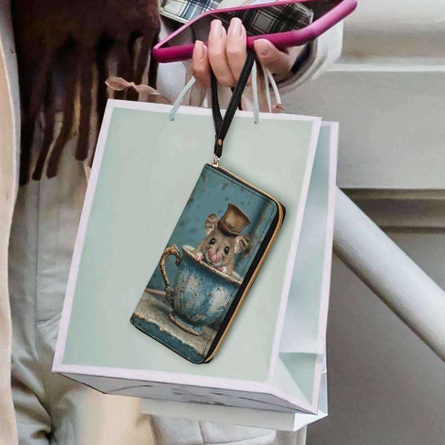 Teacup Mouse Leather Wallet with Wristlet Strap