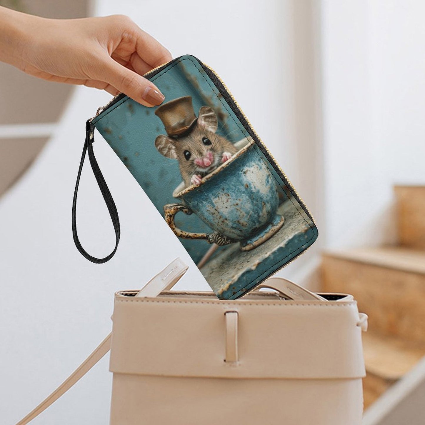 Teacup Mouse Leather Wallet with Wristlet Strap