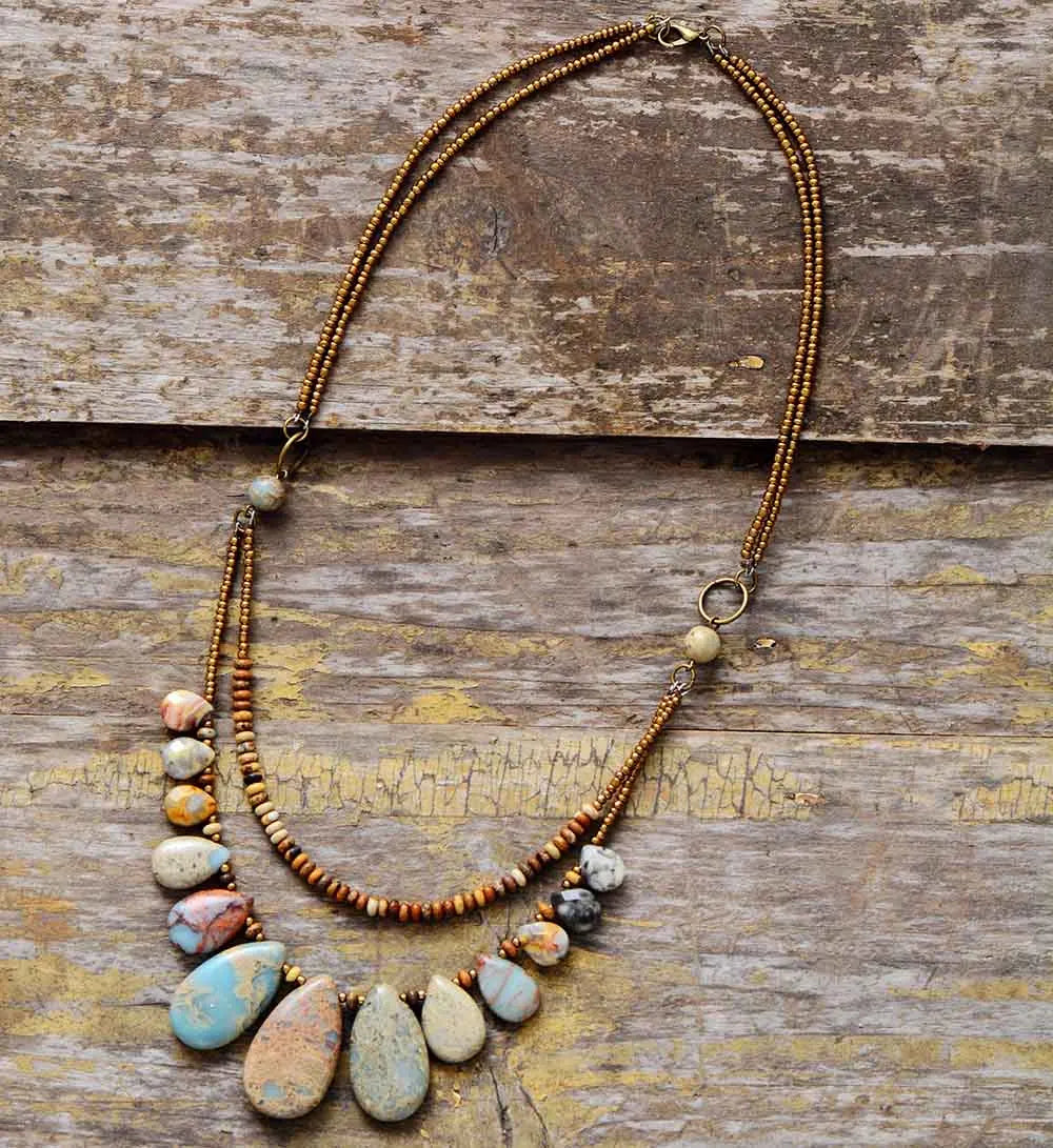 Teardrop Natural Stone Statement Layered Necklace, Natural Stone Boho Seed Bead Necklace