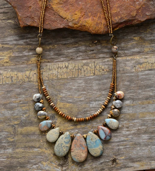 Teardrop Natural Stone Statement Layered Necklace, Natural Stone Boho Seed Bead Necklace