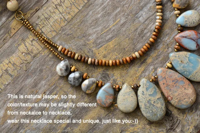 Teardrop Natural Stone Statement Layered Necklace, Natural Stone Boho Seed Bead Necklace