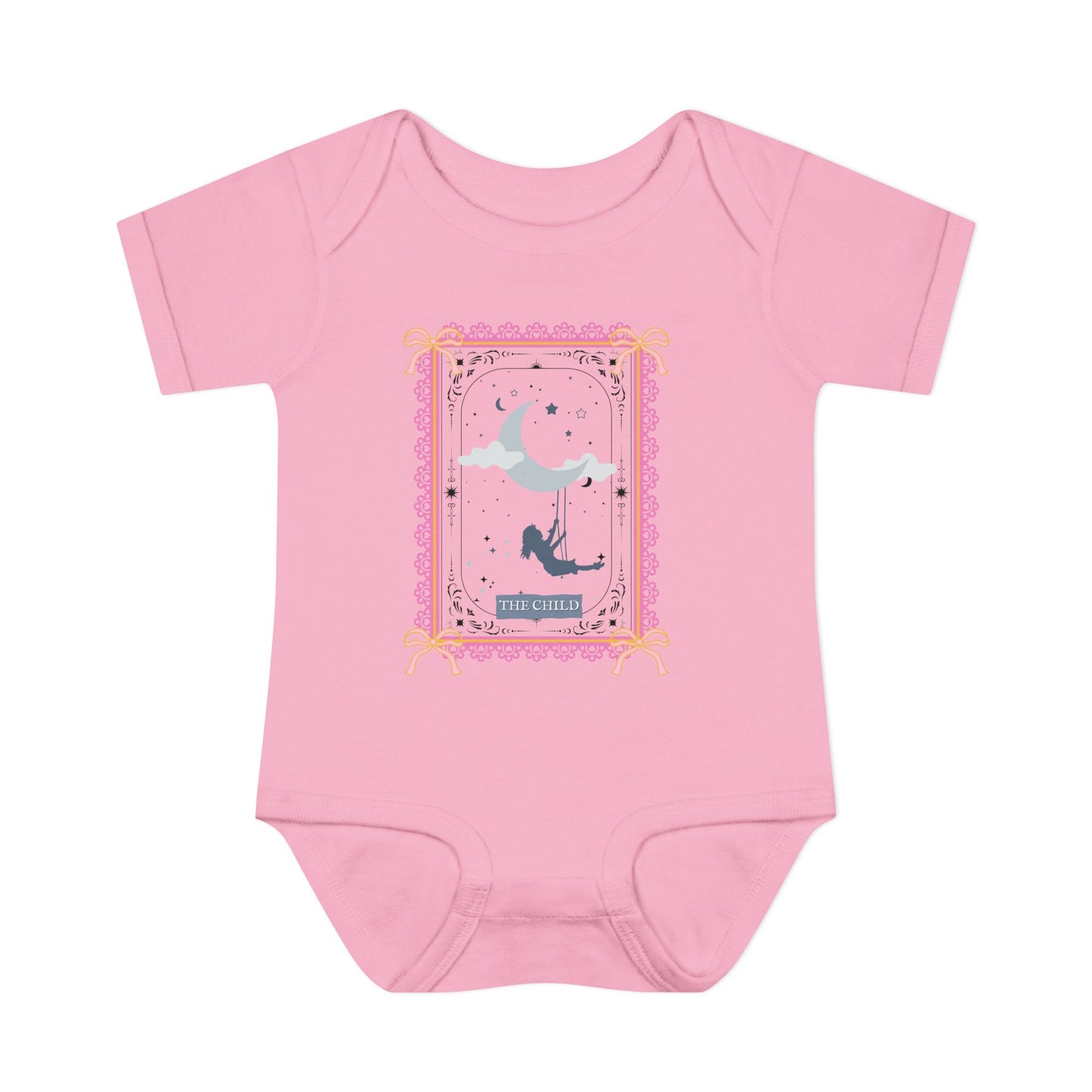 Pink baby onesie with a graphic design on a white background