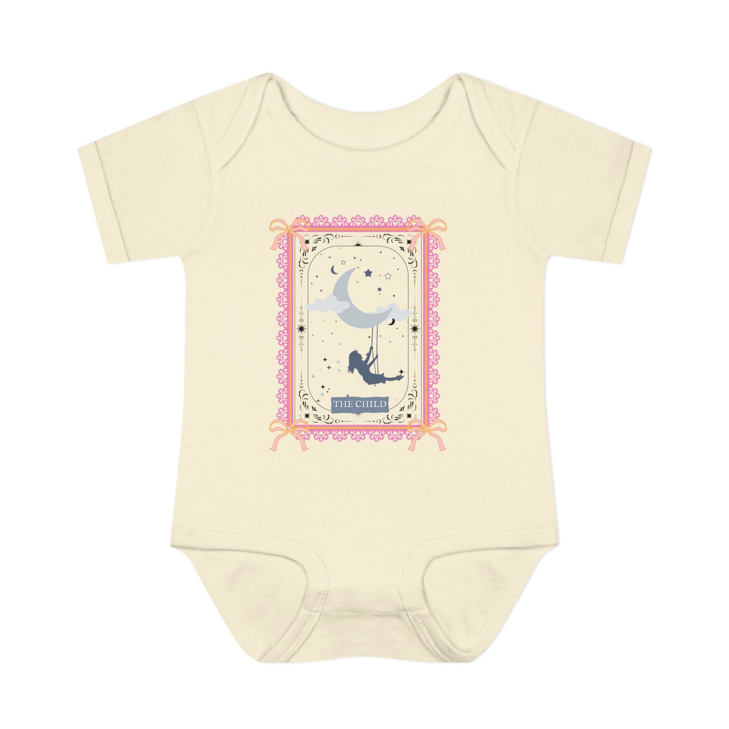Beige baby onesie with a graphic design on a white background