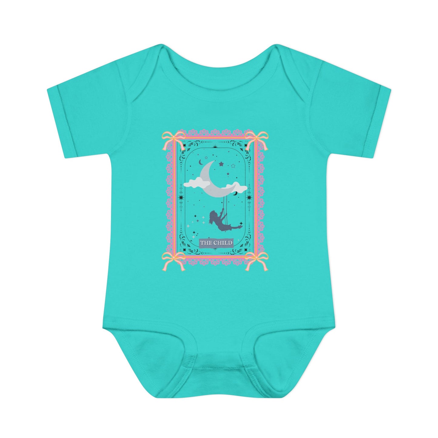 Turquoise baby onesie with a graphic design on a white background