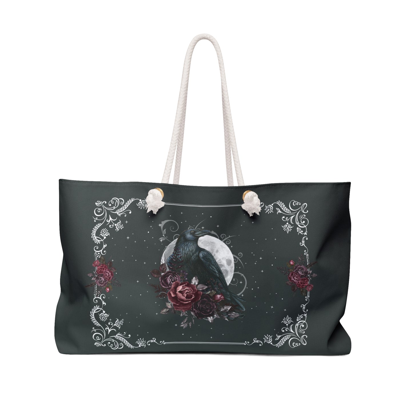 Black tote bag with a design of a bird, moon, and roses on a white background