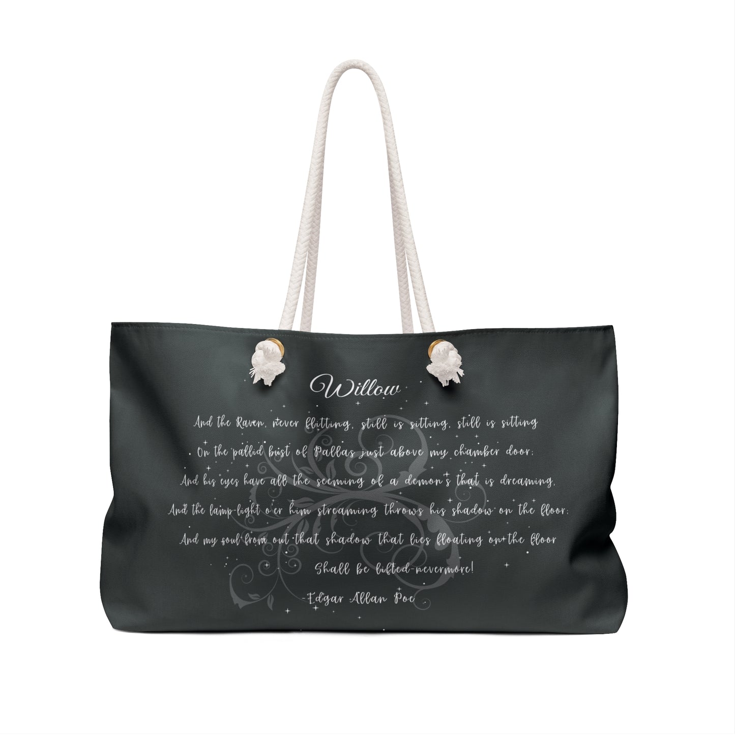 Black tote bag with white text and decorative elements on a white background