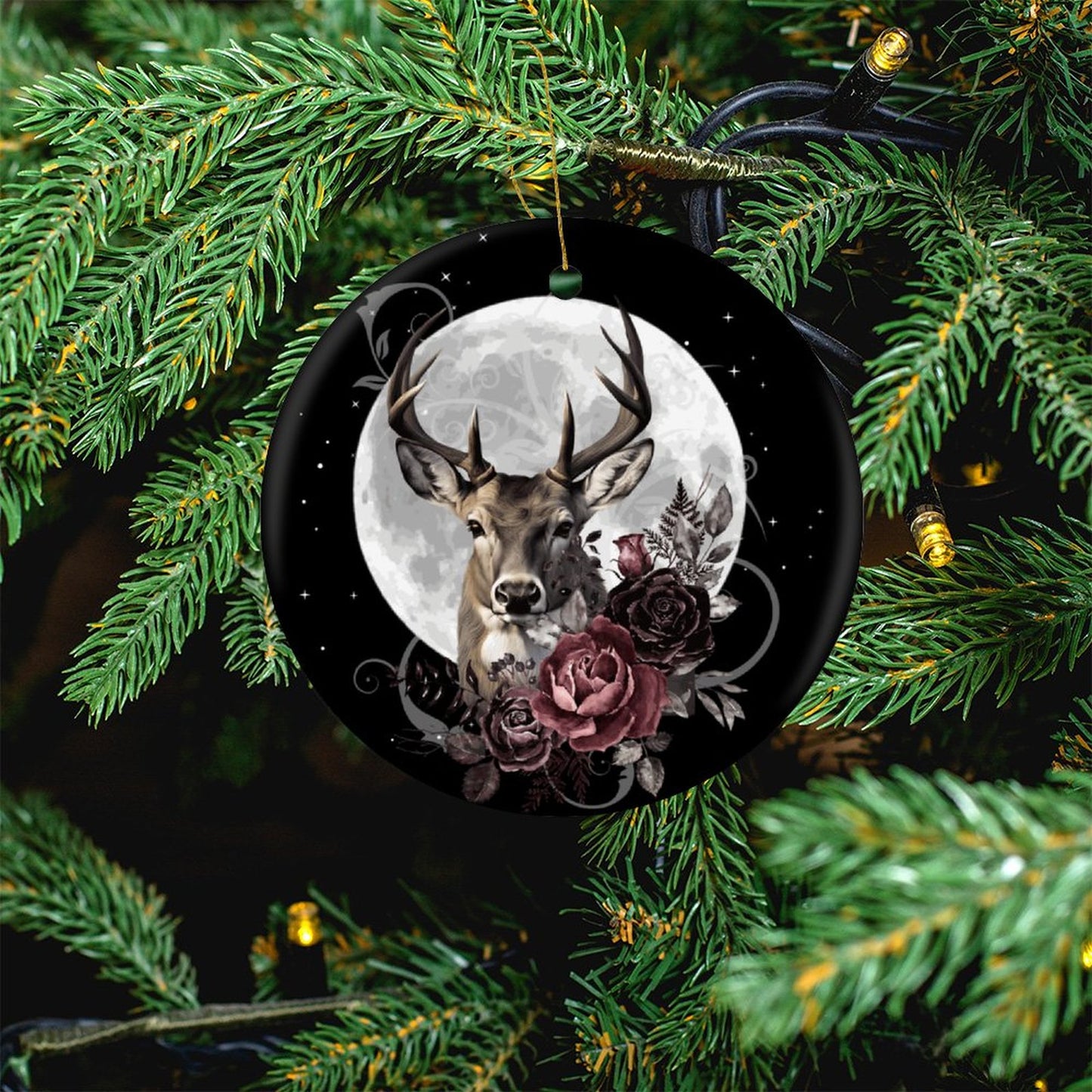 The Stag Tarot Christmas Ceramic Ornament for Pagan holidays, featuring witch and Yule décor themes, enhance the dark cottagecore aesthetic