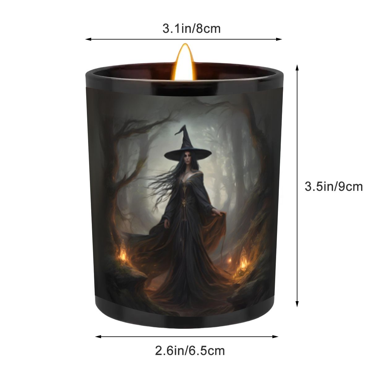 Candle with a witch design and measurements on a white background