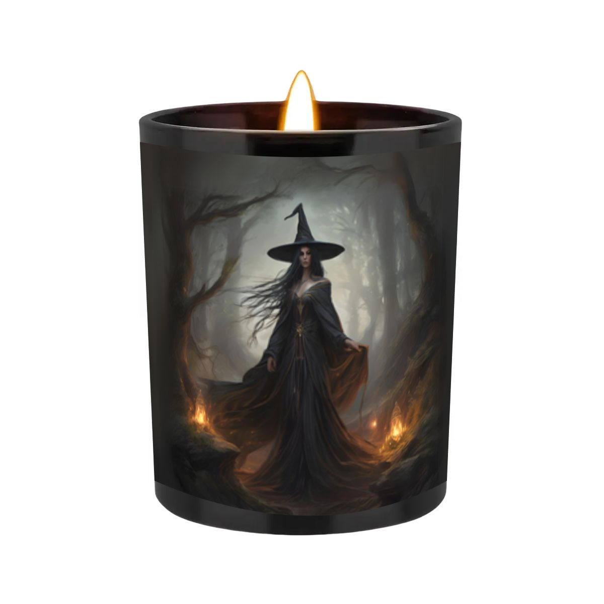 Candle with a witch design on a white background