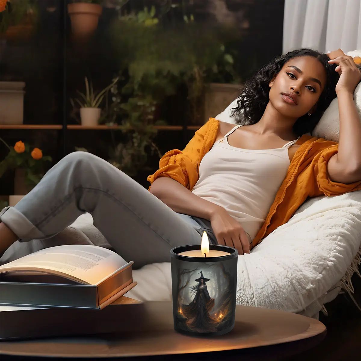 Woman relaxing on a couch with a book and candle in a cozy setting