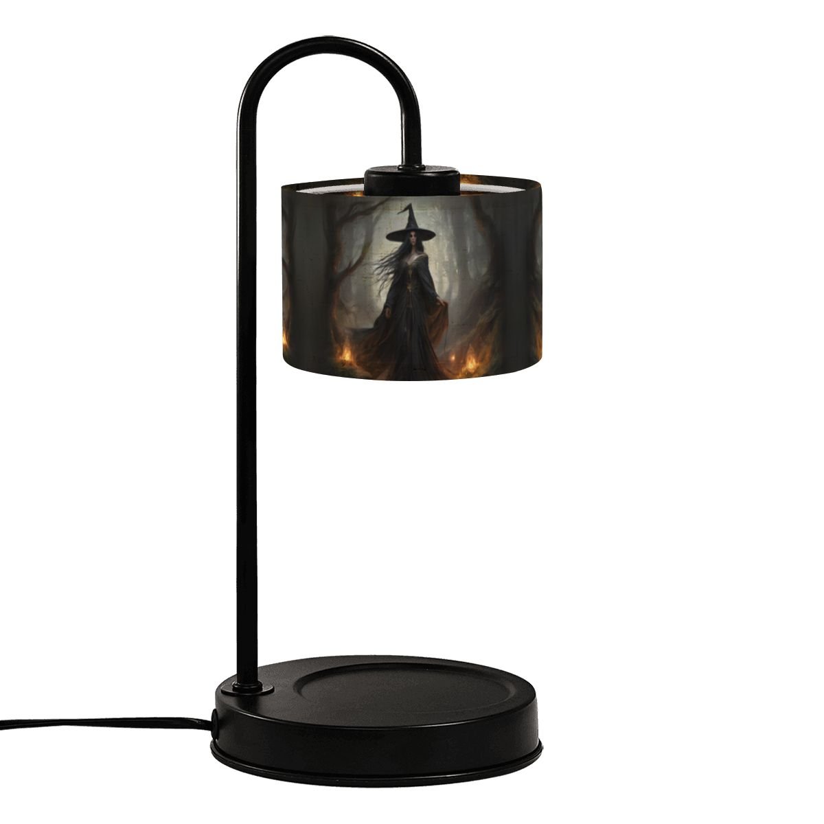 Black table lamp with a decorative shade on a white background