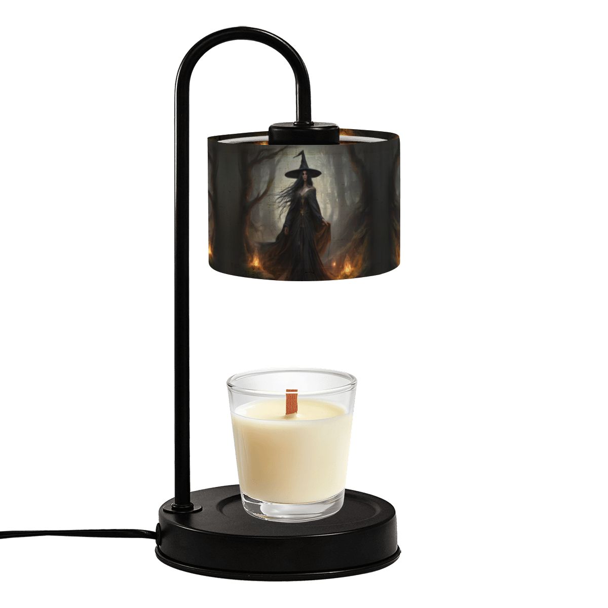 Black candle holder with a printed design on a white background