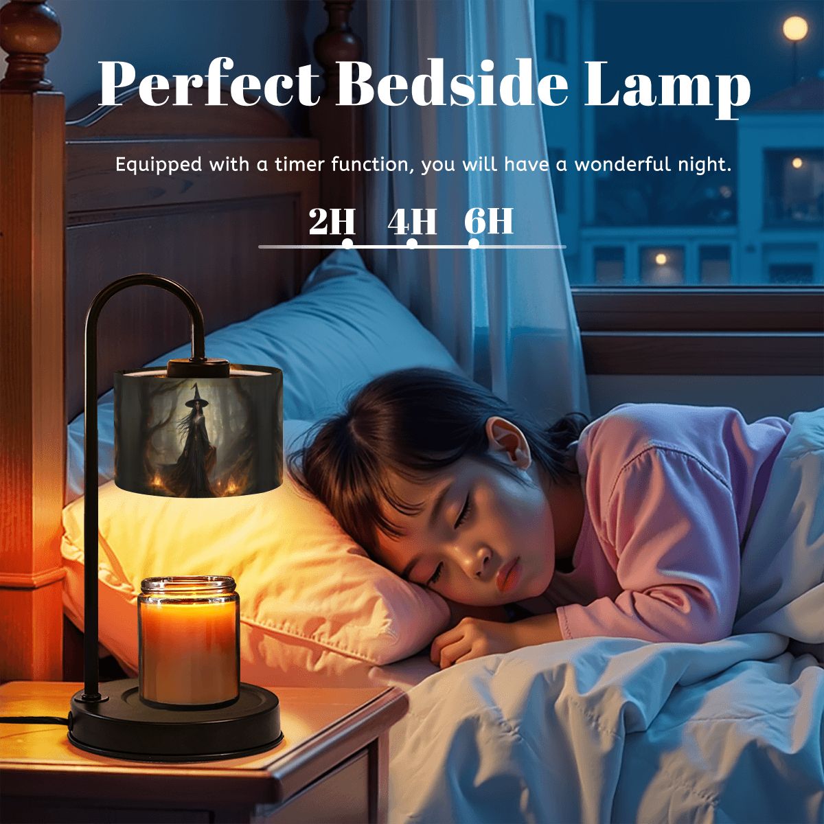 Child sleeping in bed with a bedside lamp and candle, text indicating timer options.