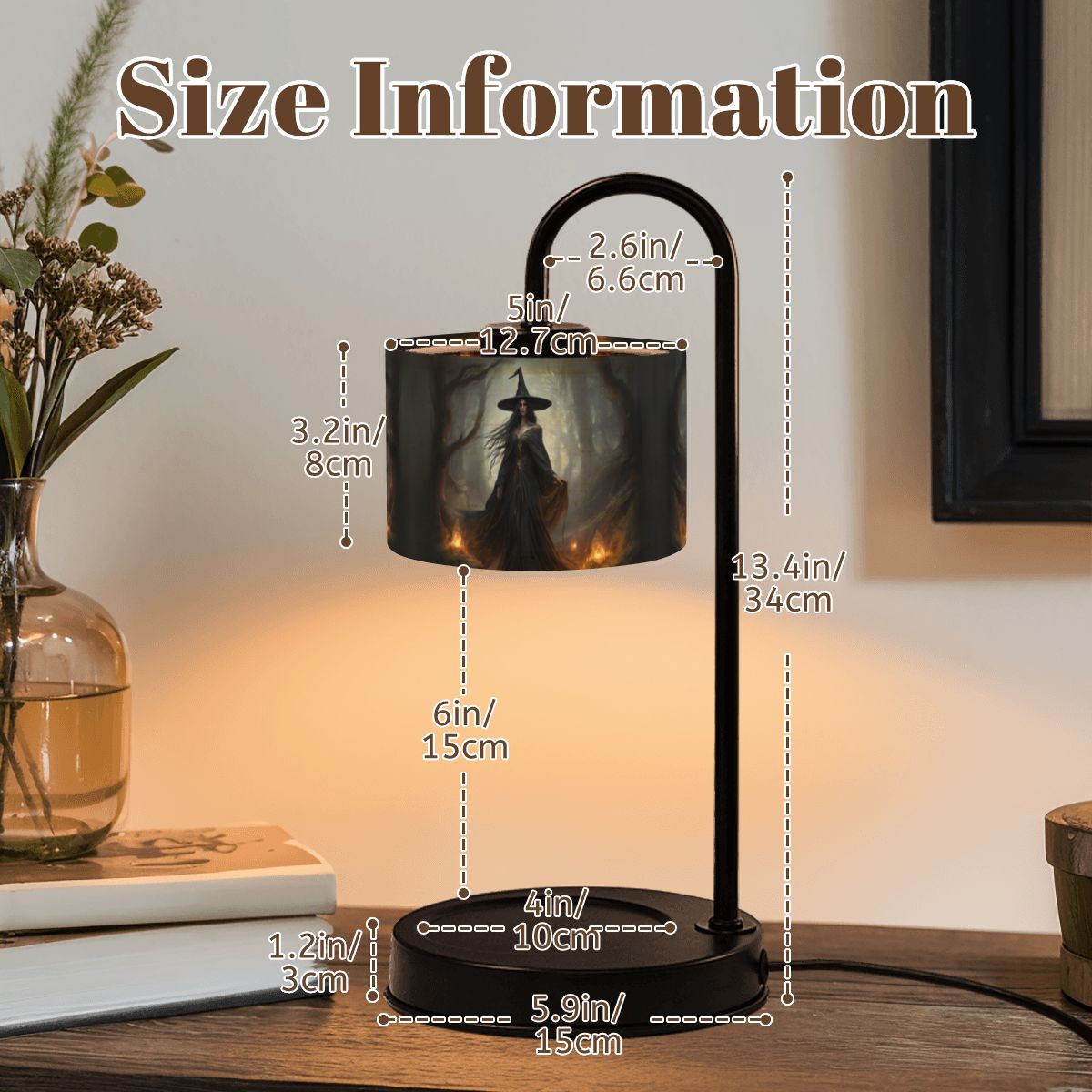 Table lamp with size measurement indicators on a wooden surface.