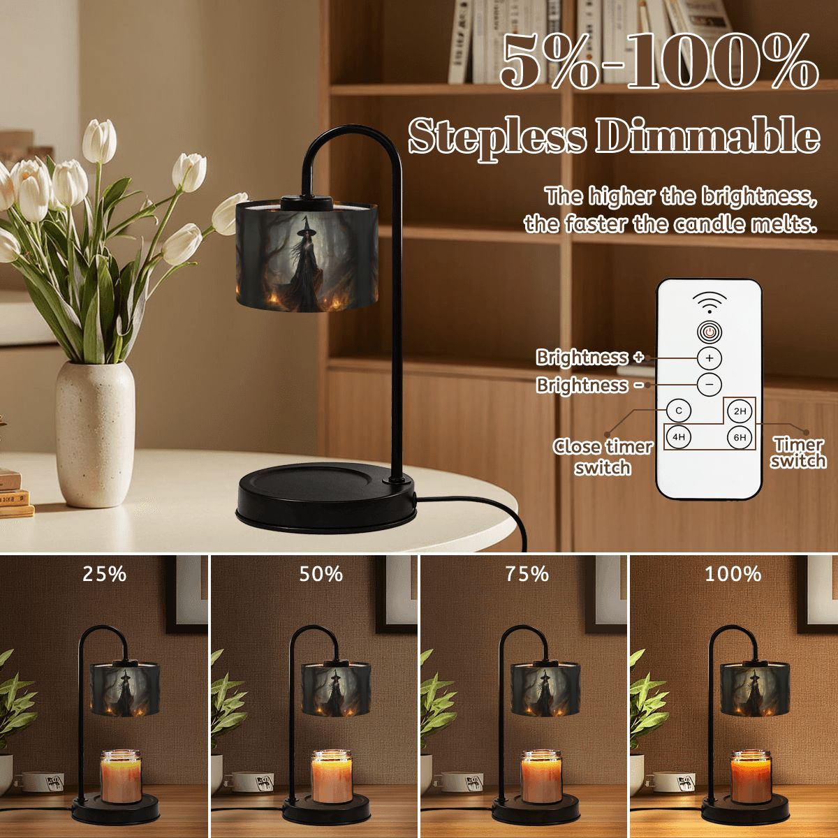 Dimmable candle lamp with remote control on a table, showing stepless dimming capabilities.