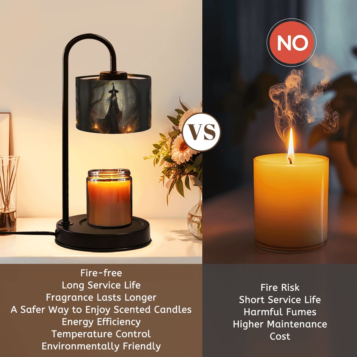 Comparison of a fire-free candle lamp versus a traditional candle, highlighting pros and cons.