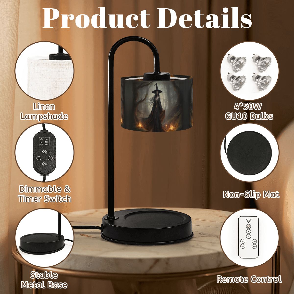 Black table lamp with product details on a wooden surface