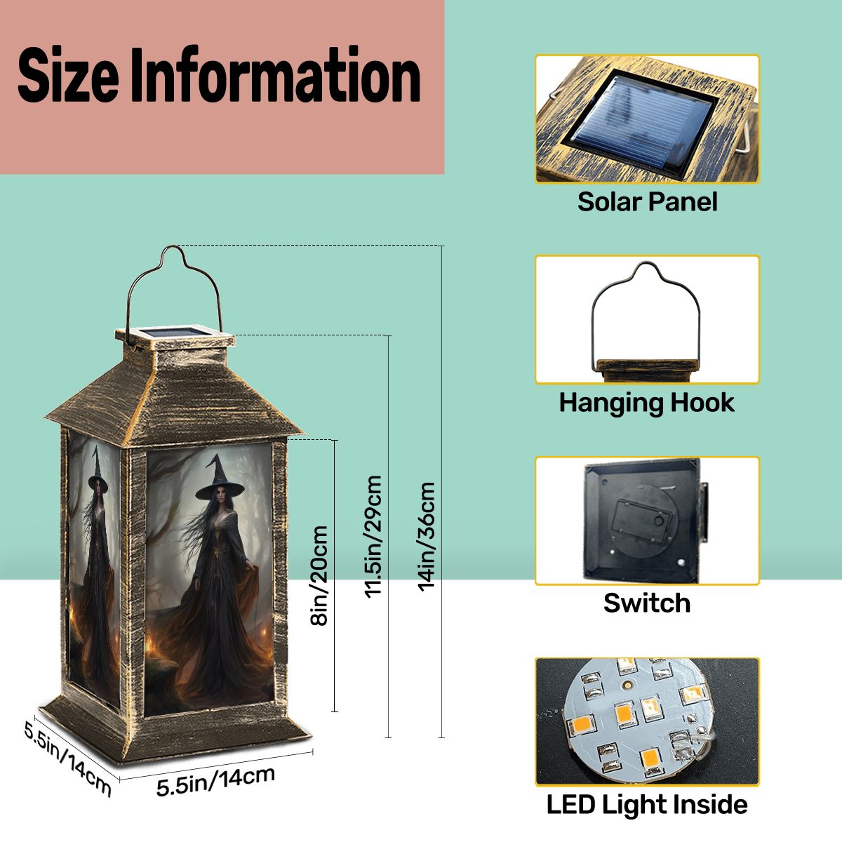 Decorative lantern with solar panel, hanging hook, switch, and LED light inside, shown with size information.