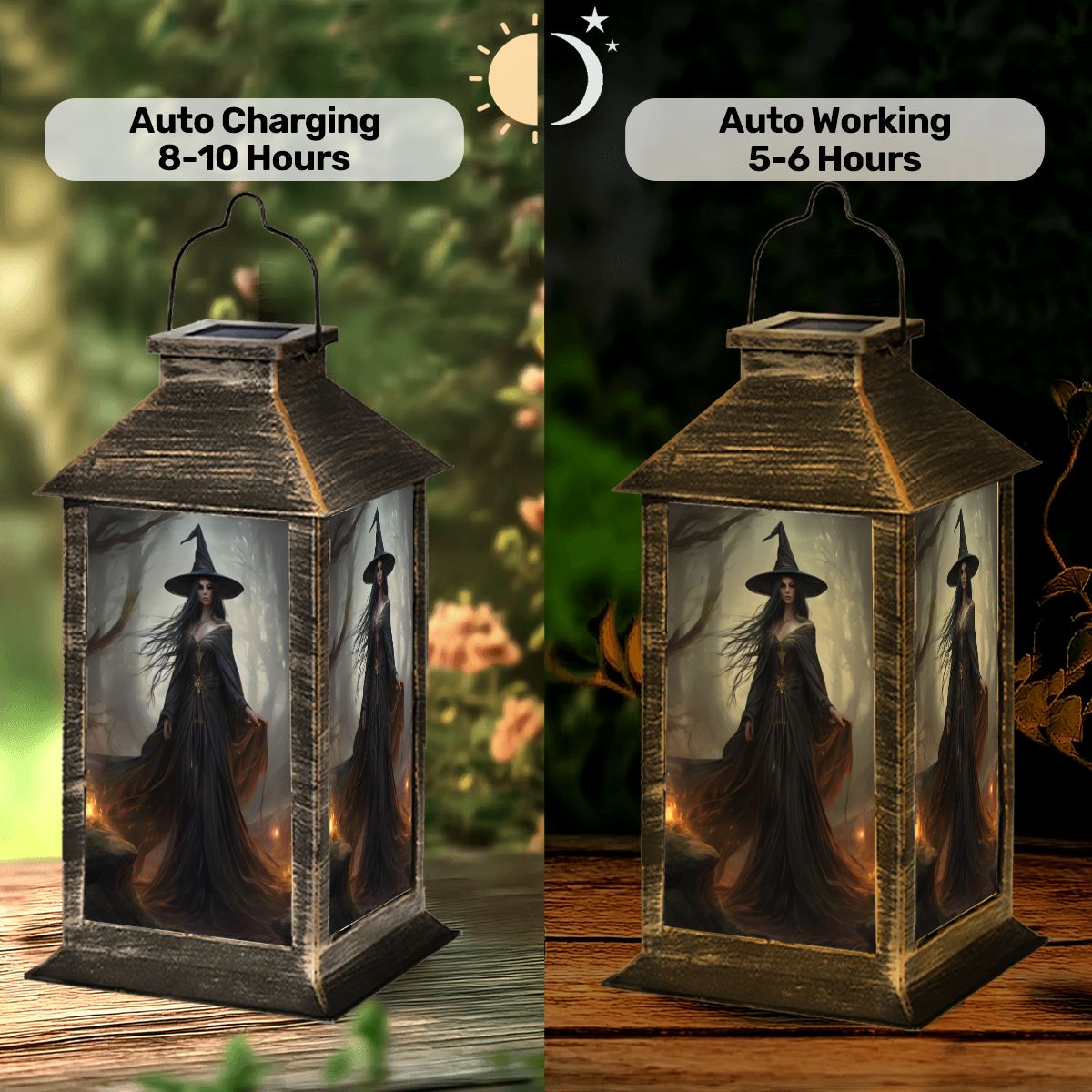 Solar-powered witch-themed lantern with charging and working time labels on a wooden surface.