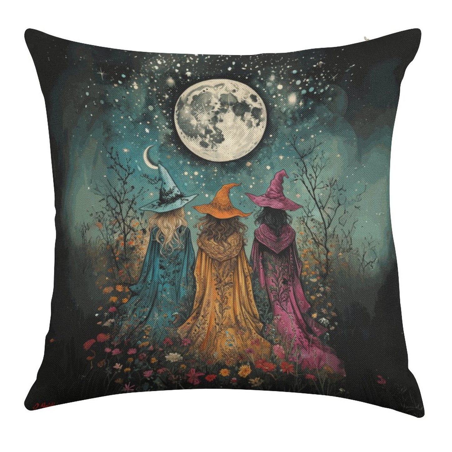 Decorative pillow with three witches under a moonlit sky