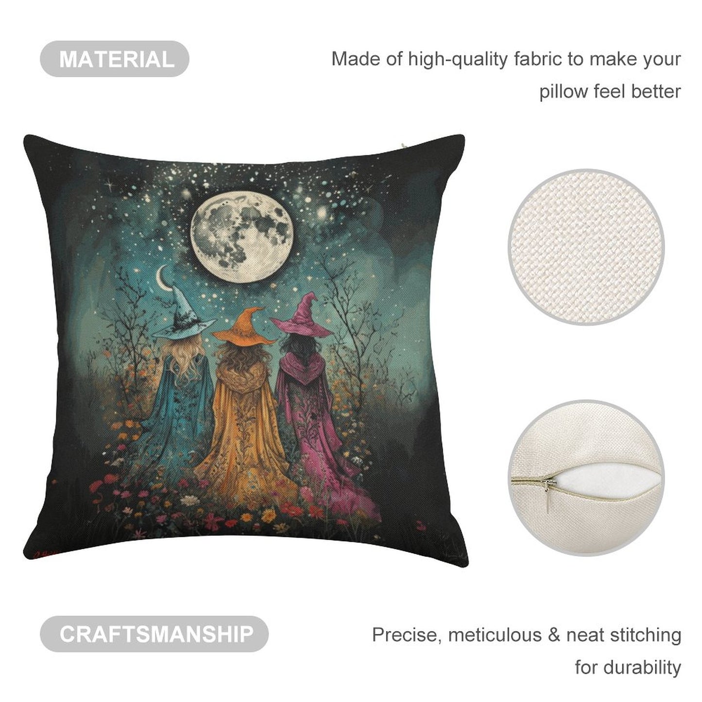 Decorative pillow with witch design under a moonlit sky, featuring high-quality fabric and meticulous stitching.