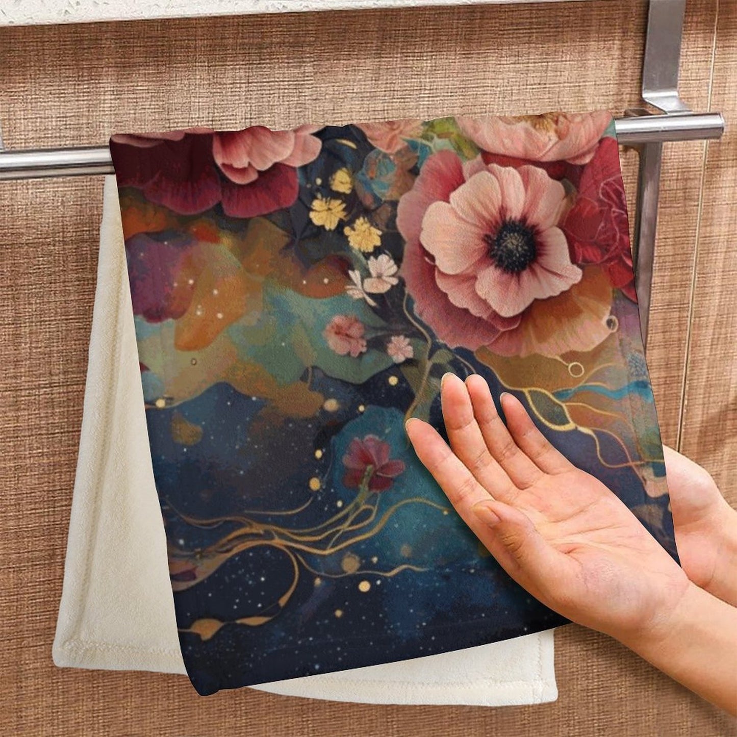 Victorian Rose Coral Velvet Towel, Dark Academia Floral Roses Hand Towel