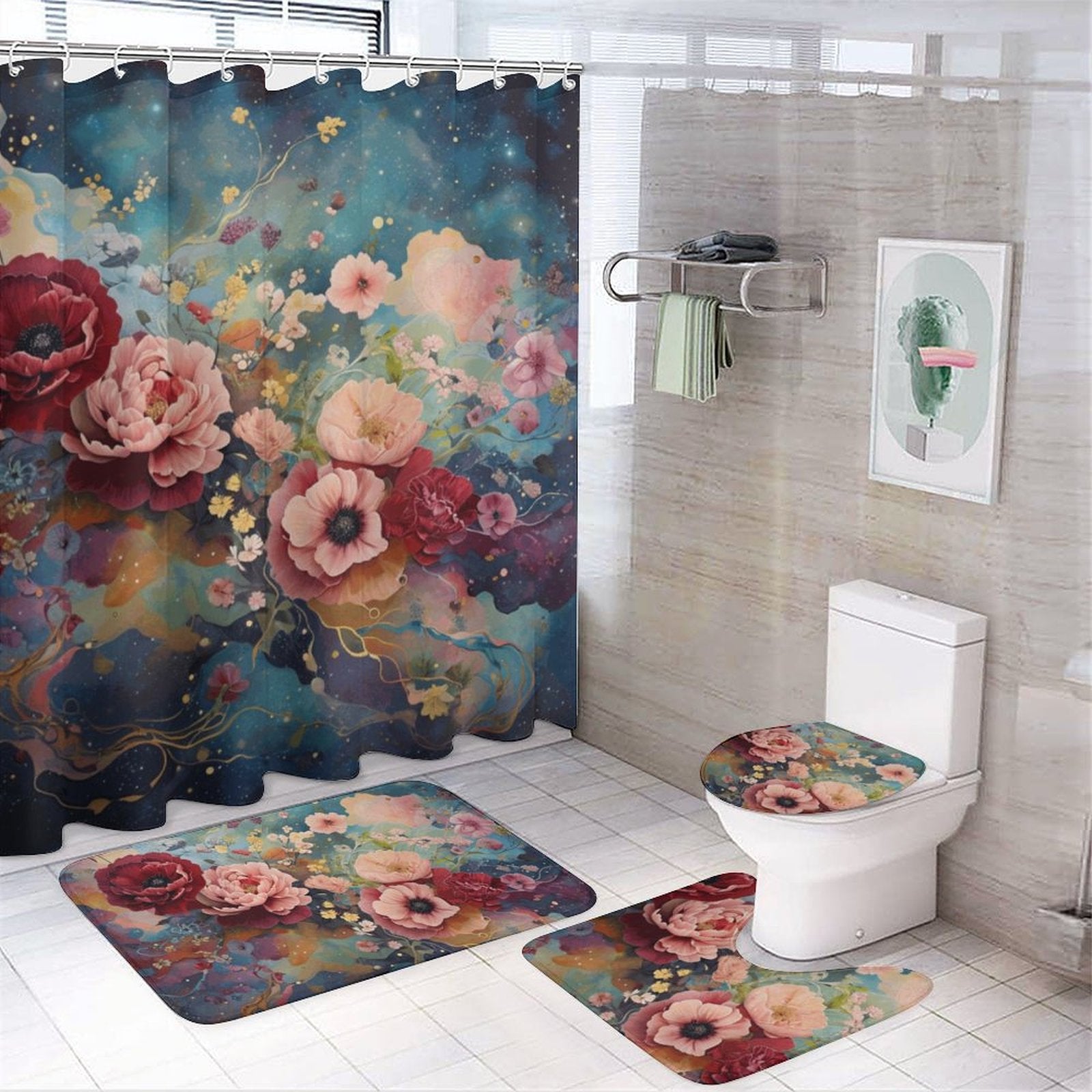 Victorian Rose Shower Curtain Set with 3 Rugs, Floral Roses Shower Curtain