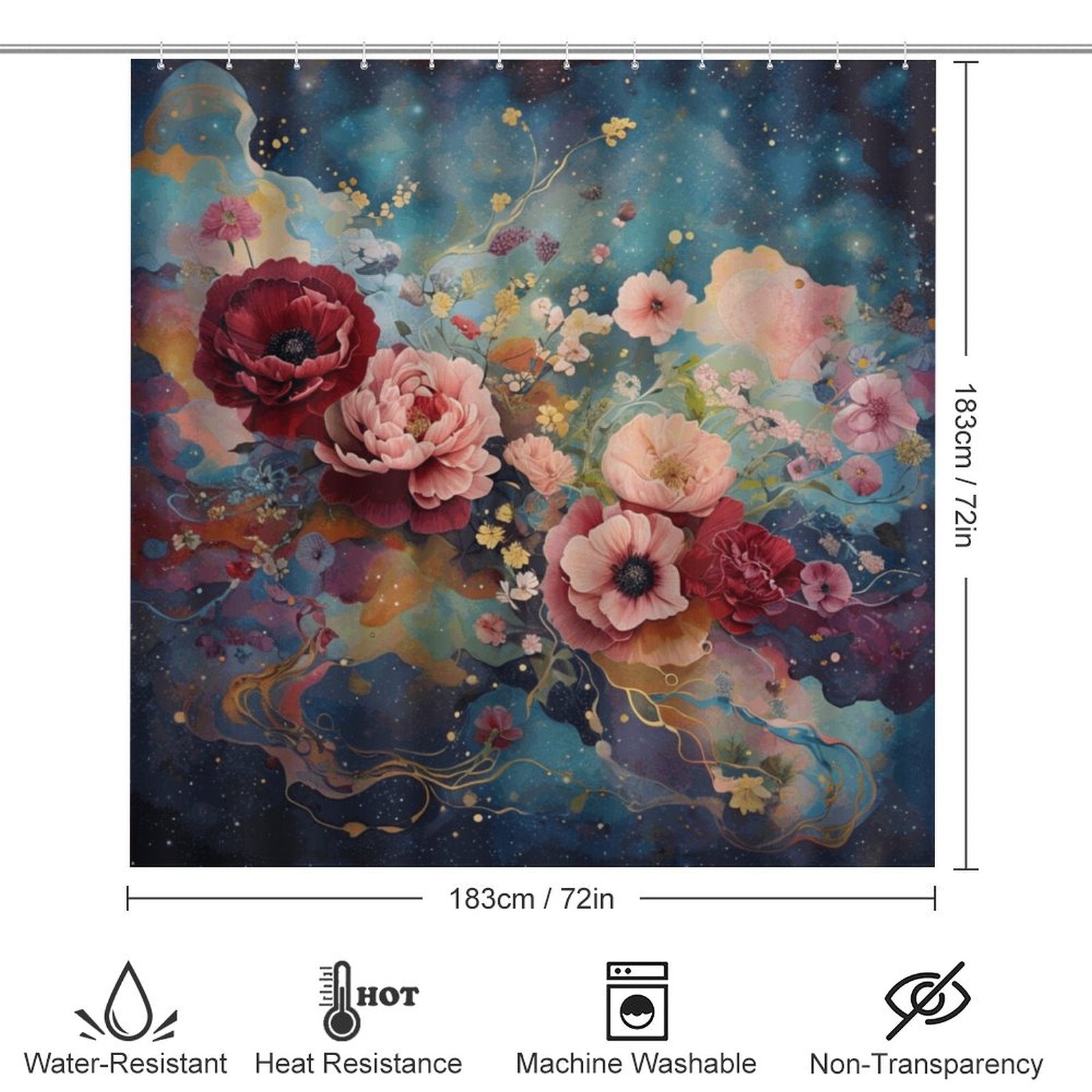 Victorian Rose Shower Curtain Set with 3 Rugs, Floral Roses Shower Curtain