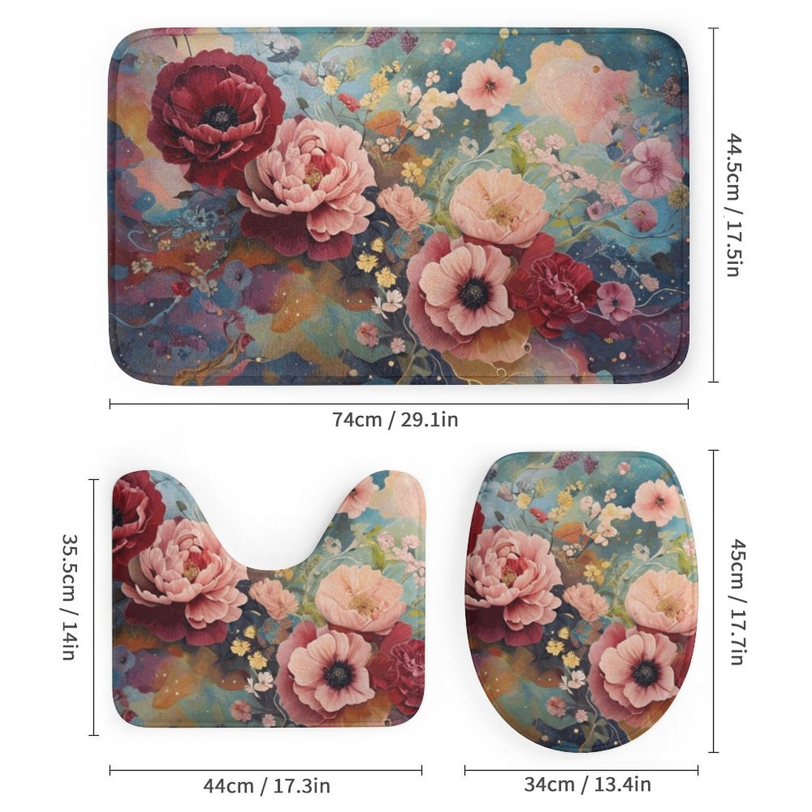 Victorian Rose Shower Curtain Set with 3 Rugs, Floral Roses Shower Curtain