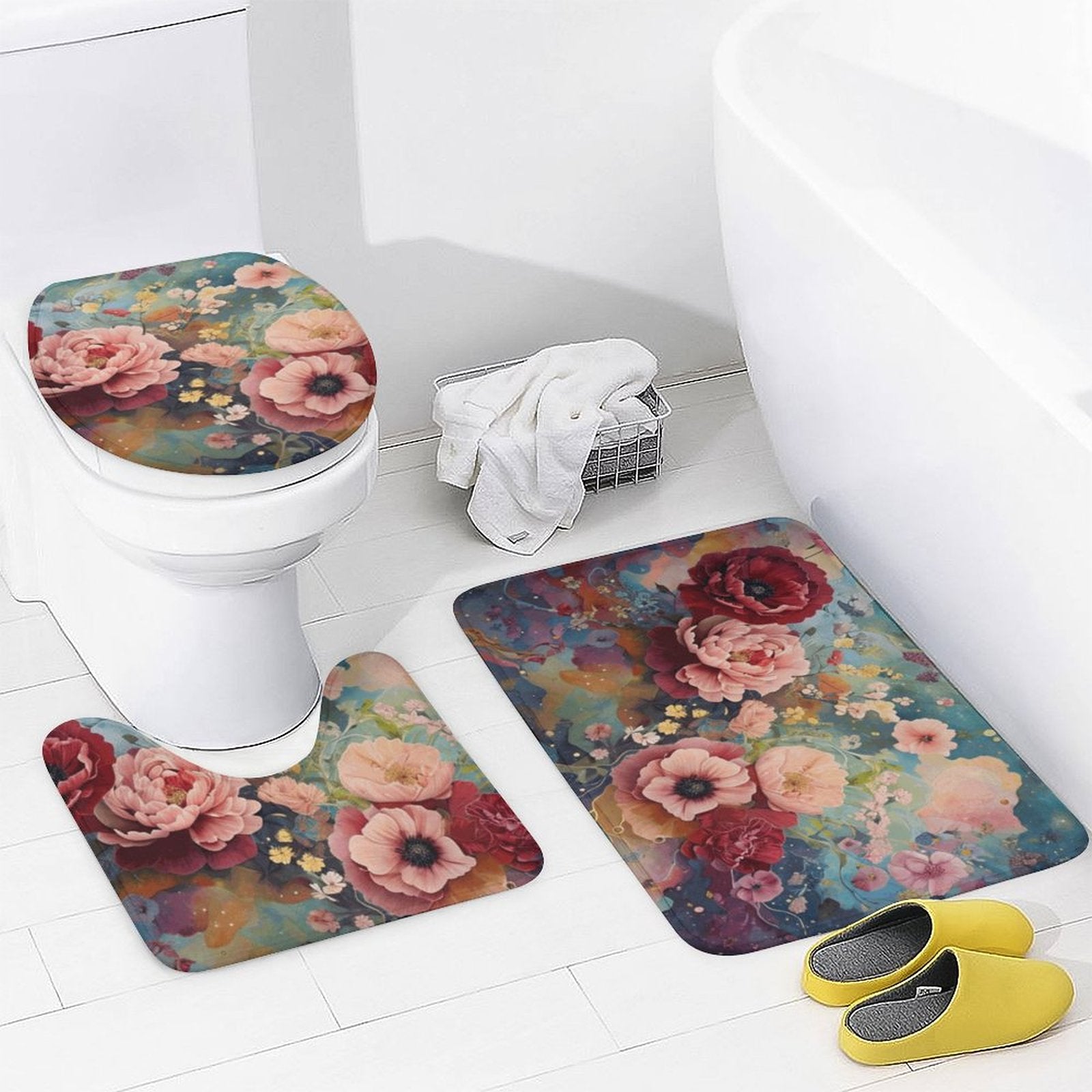 Victorian Rose Shower Curtain Set with 3 Rugs, Floral Roses Shower Curtain