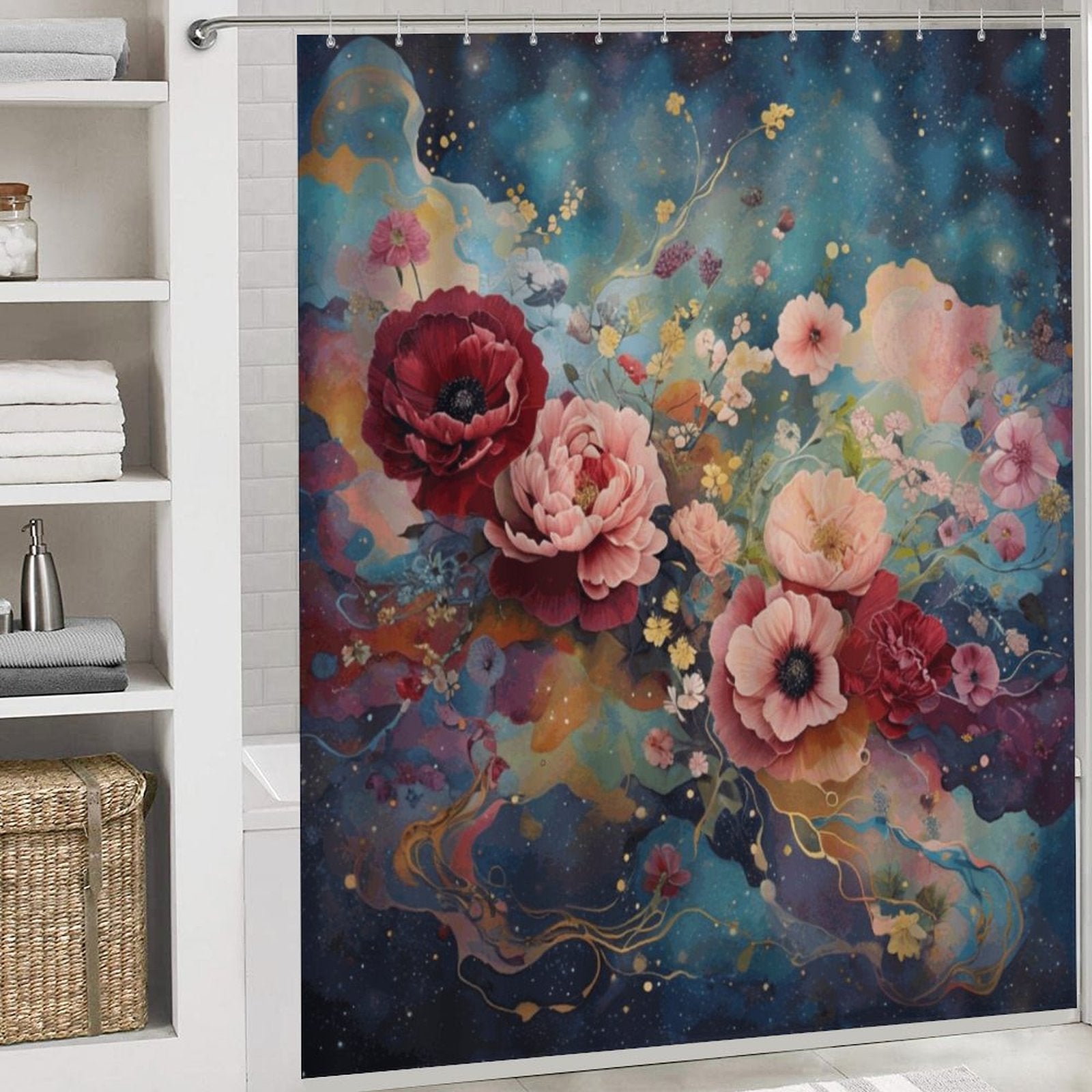 Victorian Rose Shower Curtain Set with 3 Rugs, Floral Roses Shower Curtain