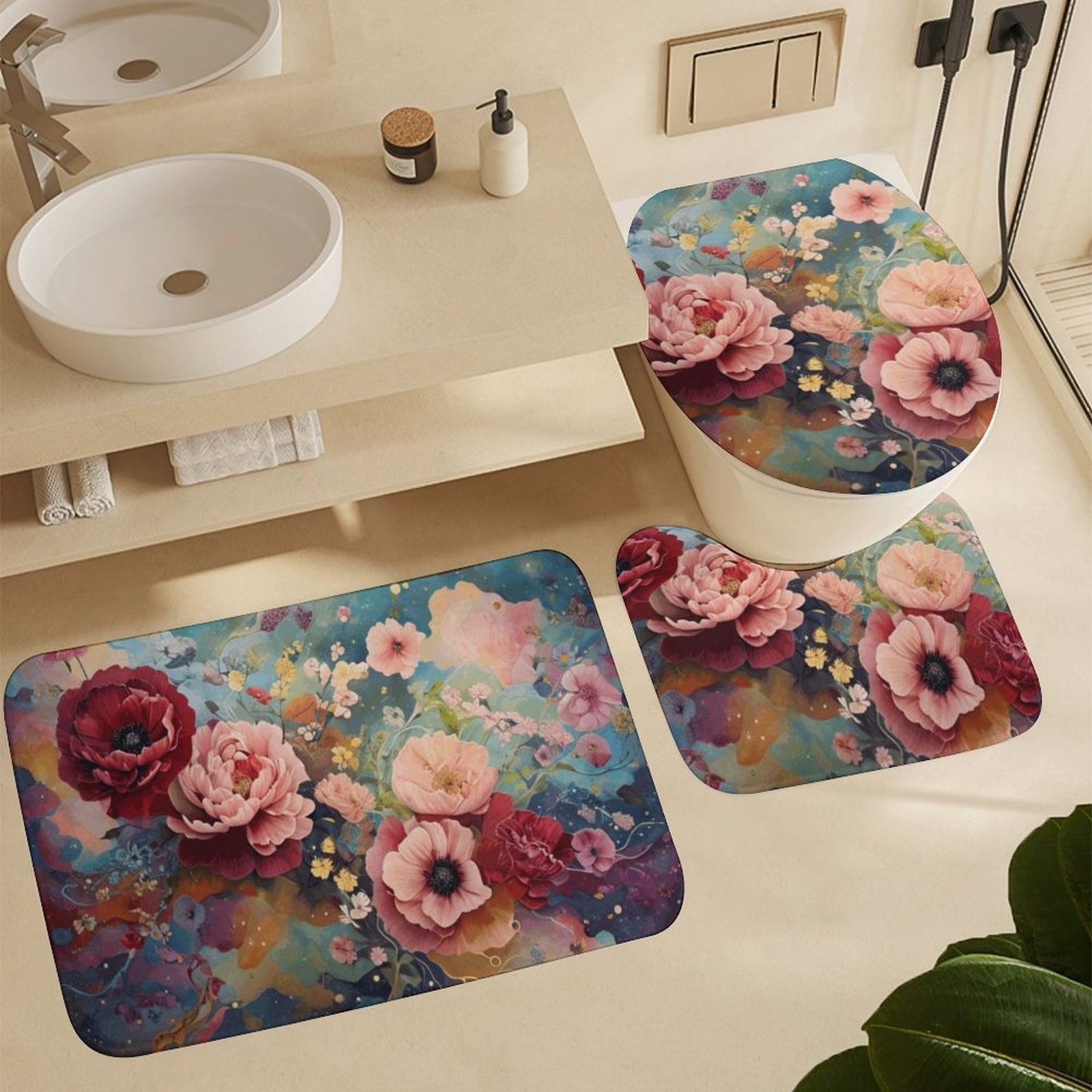 Victorian Rose Shower Curtain Set with 3 Rugs, Floral Roses Shower Curtain