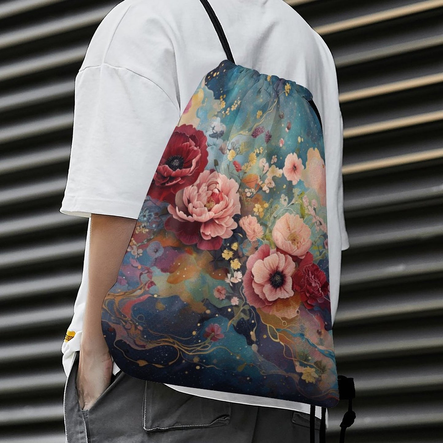 Victorian Roses Custom Drawstring Bag with Waffle Cloth Design