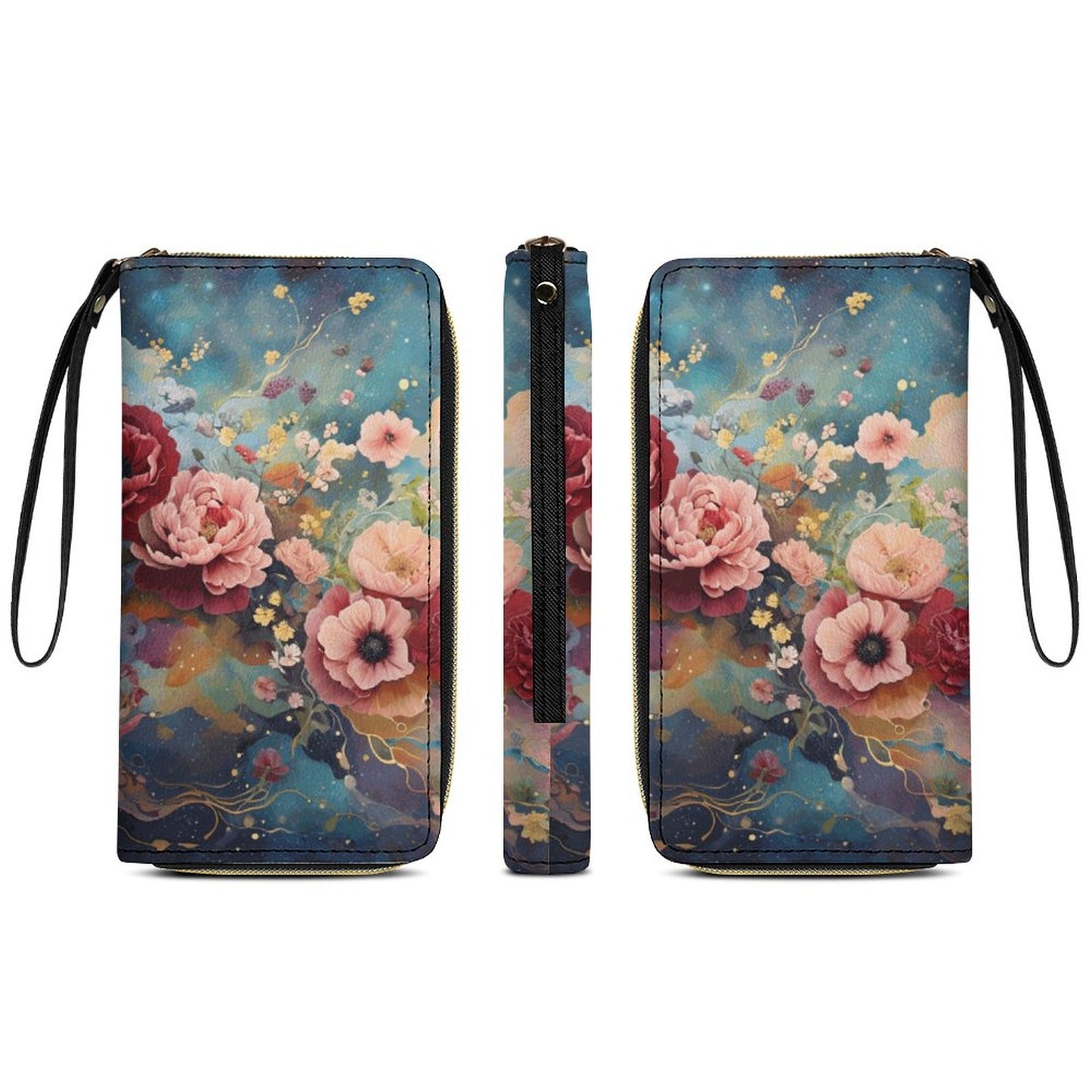 Victorian Roses Leather Wallet with Wristlet Strap, travel wristlet