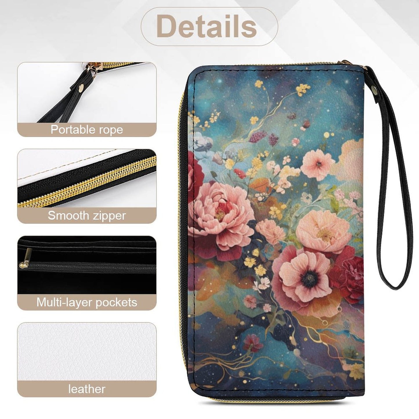 Victorian Roses Leather Wallet with Wristlet Strap, travel wristlet