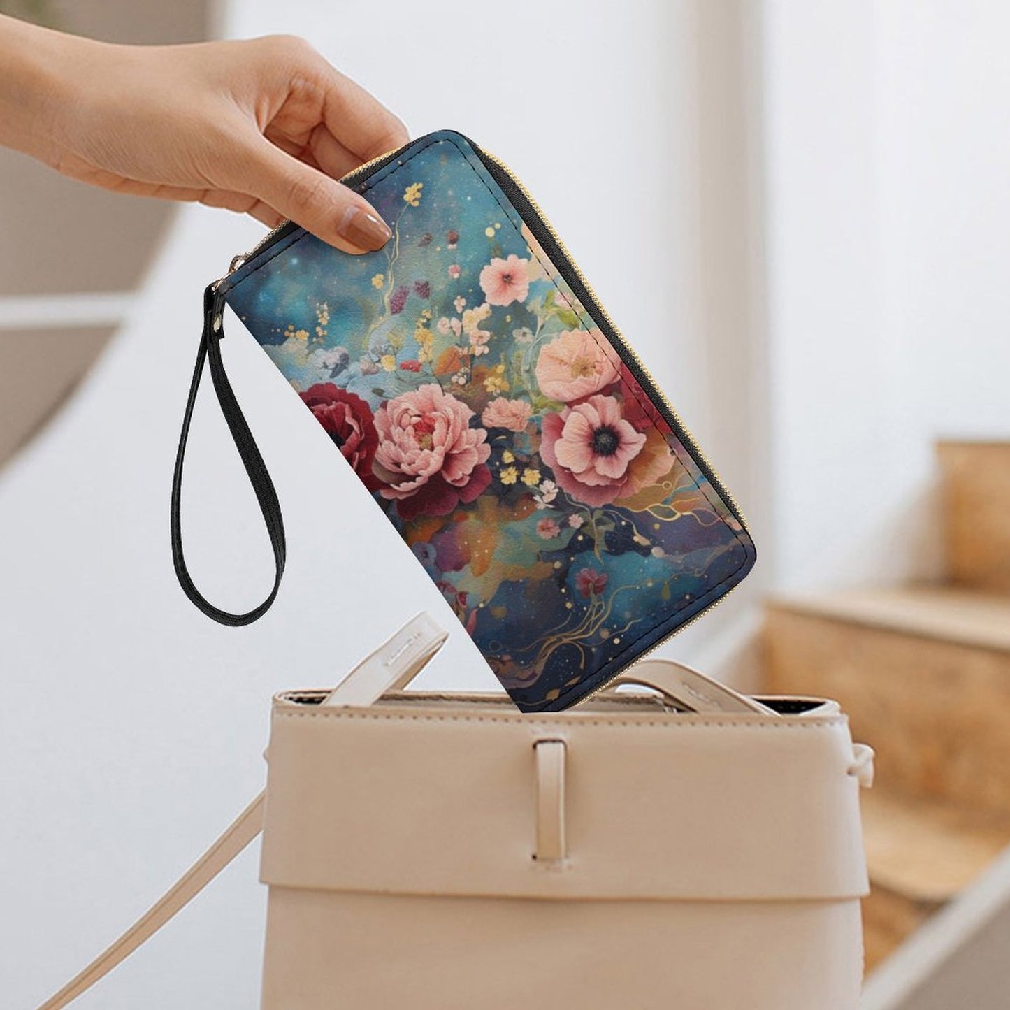 Victorian Roses Leather Wallet with Wristlet Strap, travel wristlet