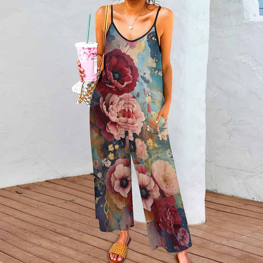 Victorian Roses Suspender Jumpsuit, Loose pantsuit, Relaxed Boho