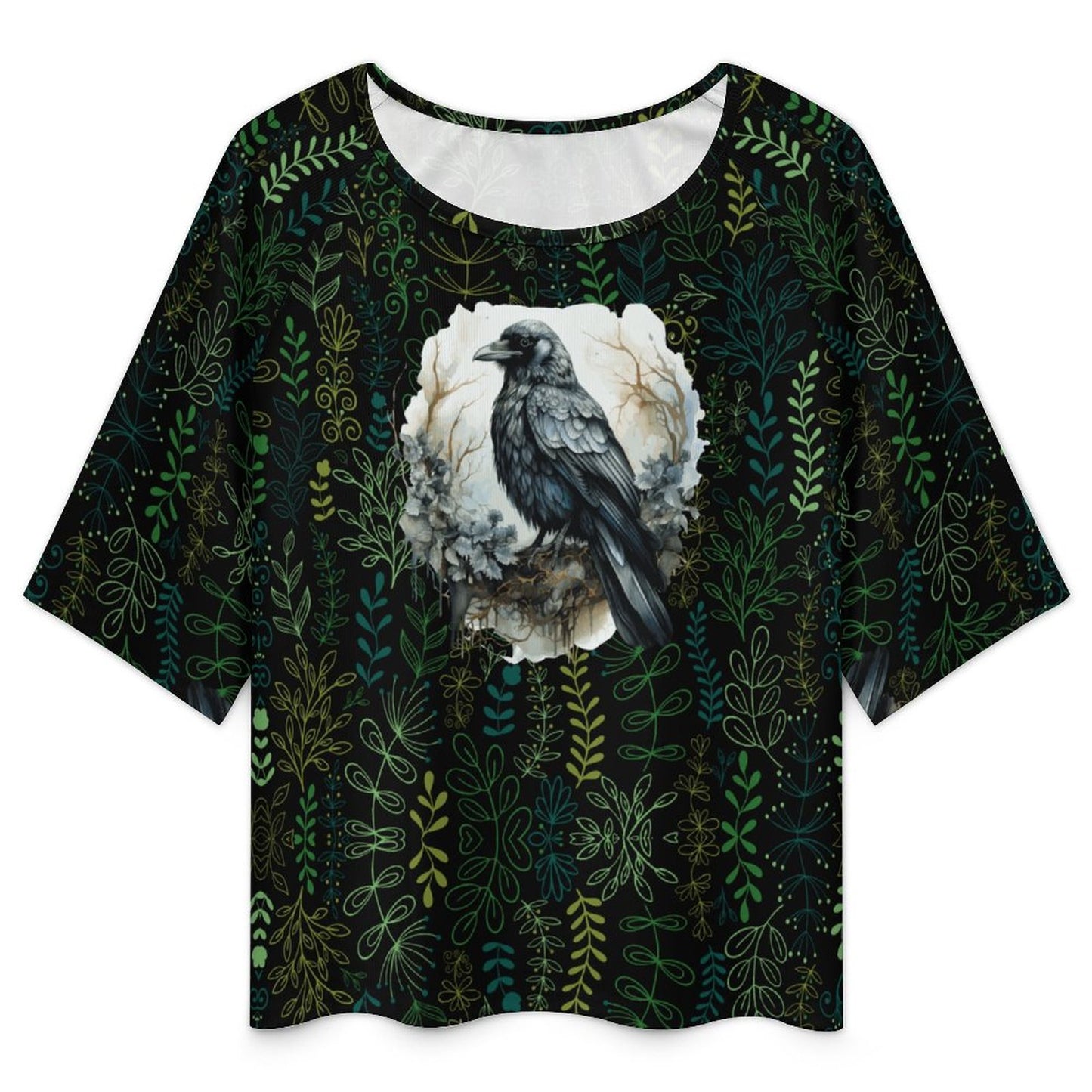 Black t-shirt with a crow and floral design on a white background
